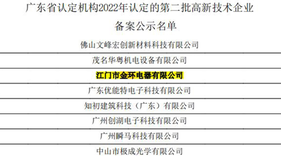 好消息！金環(huán)電器再次通過國家級“高新技術企業(yè)”認定